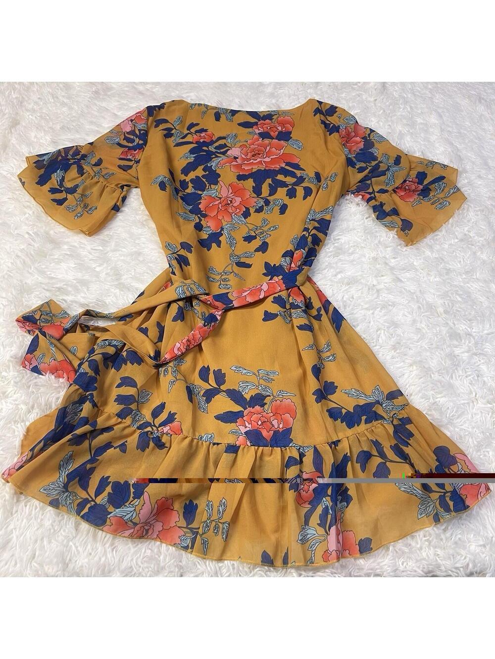 Cupshe Womens Yellow Floral Mini Short Sleeve Dress Medium